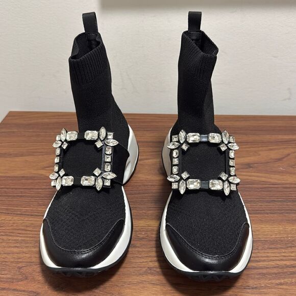 Fashionable Mesh & Neoprene Black Sneaker with Crystal Embellished Buckle. - Picture 1 of 9